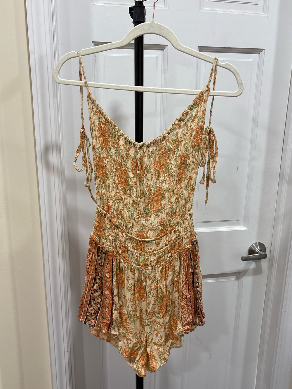 Free People Orange Floral Open Back Romper